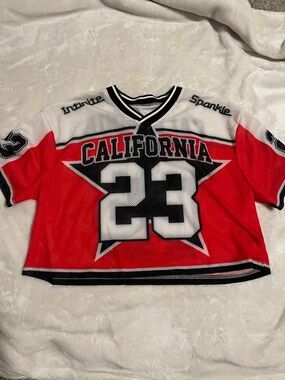 SHEIN Red & White California '23 Mesh Jersey Top